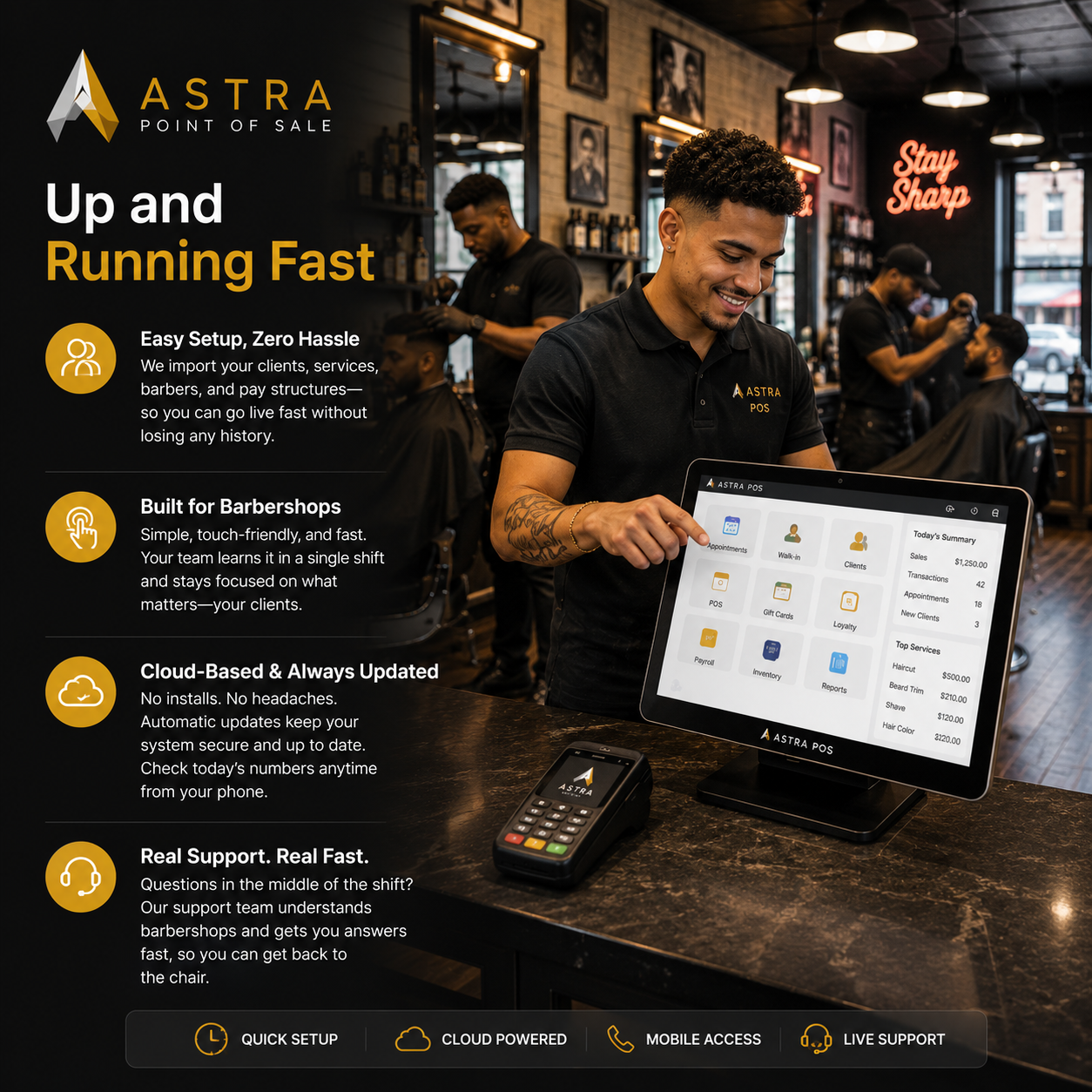 Barber checking out a client on the Astra POS barbershop system