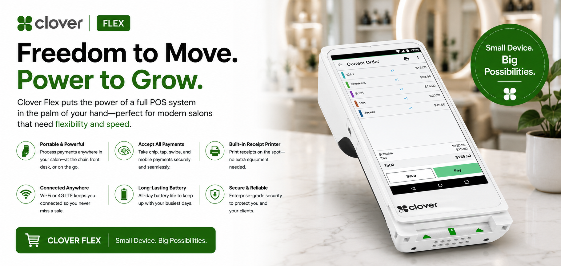 Clover Flex by Astra POS — handheld POS, freedom to move, free with 2-year contract