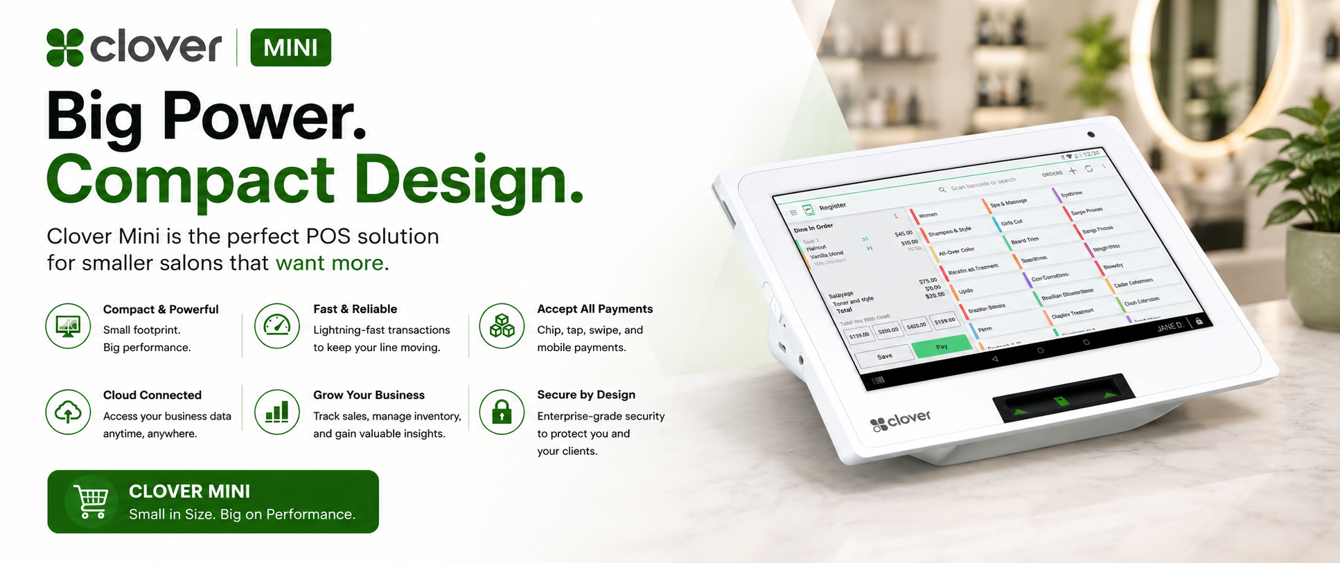 Clover Mini by Astra POS — big power, compact design, free with 2-year contract