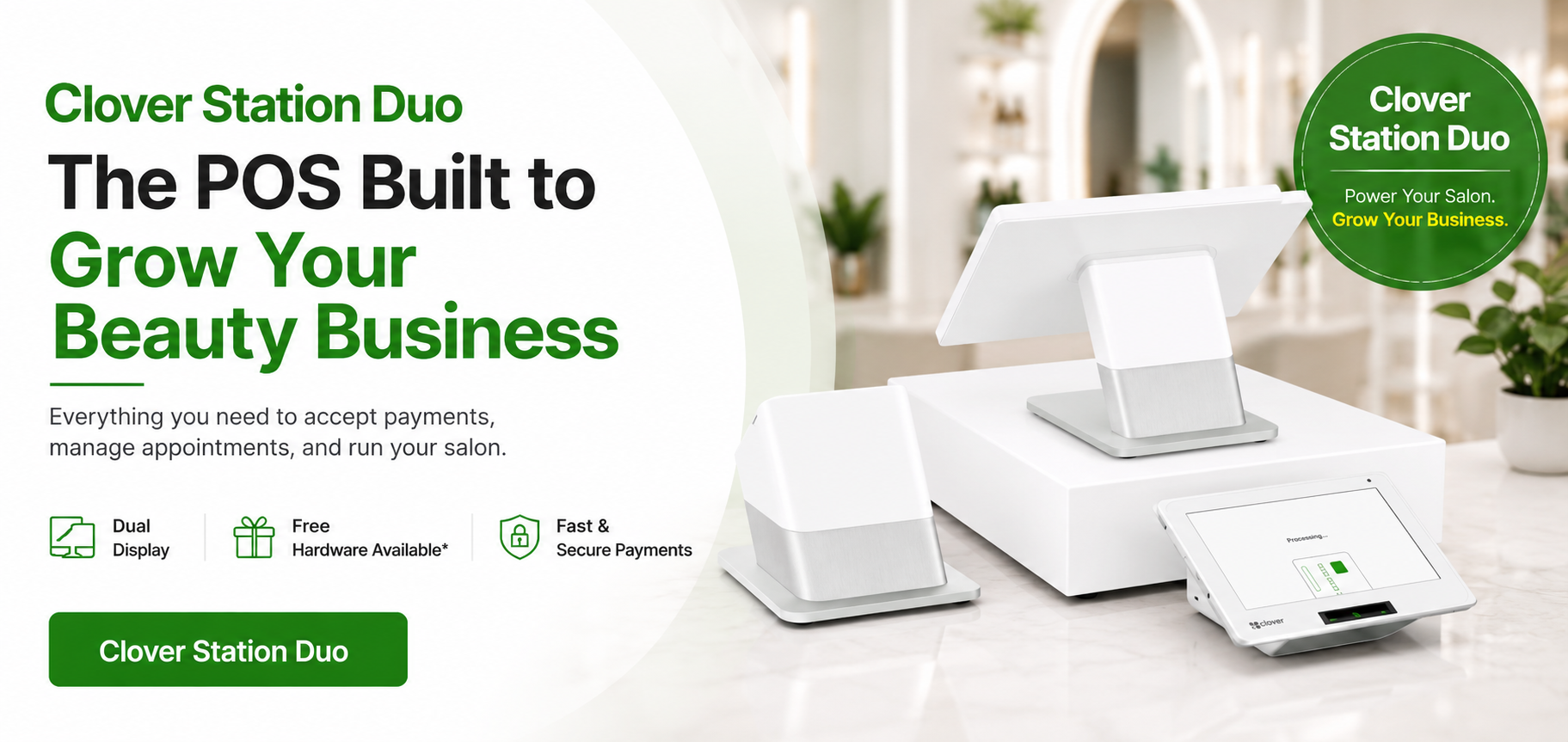 Clover Station Duo by Astra POS — dual-screen all-in-one POS, free with 2-year contract