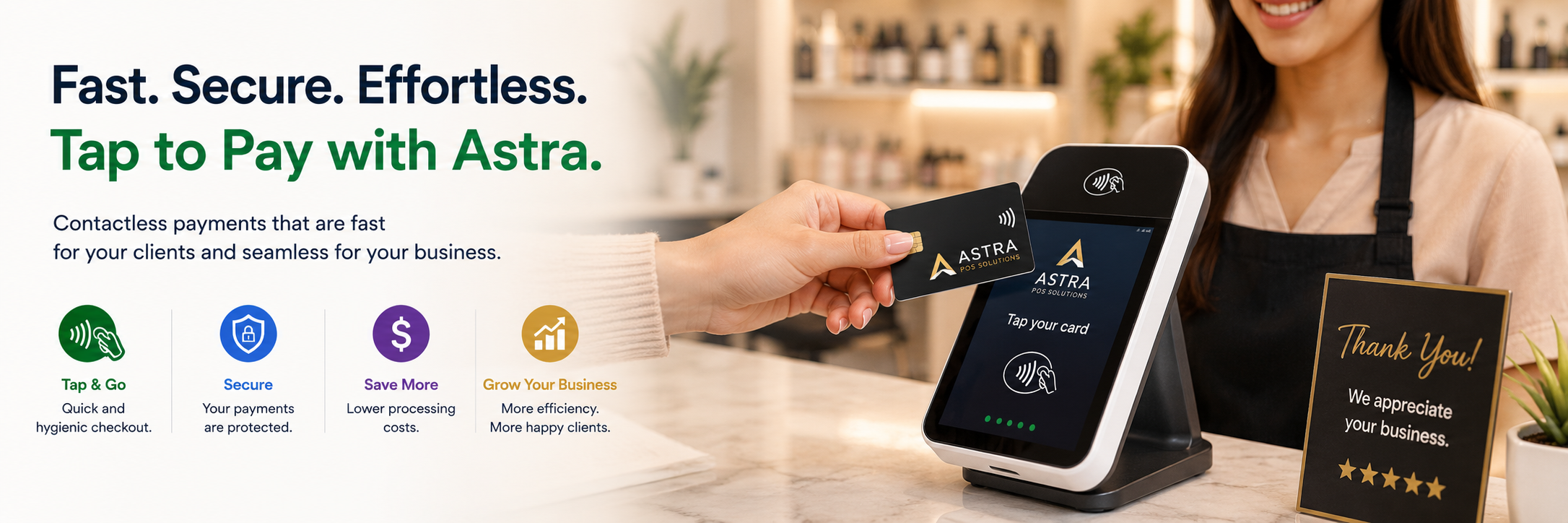 Contactless payment at the Astra POS card reader on a salon desk