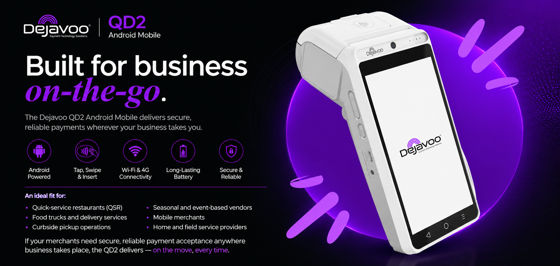 Dejavoo QD2 wireless payment terminal by Astra POS