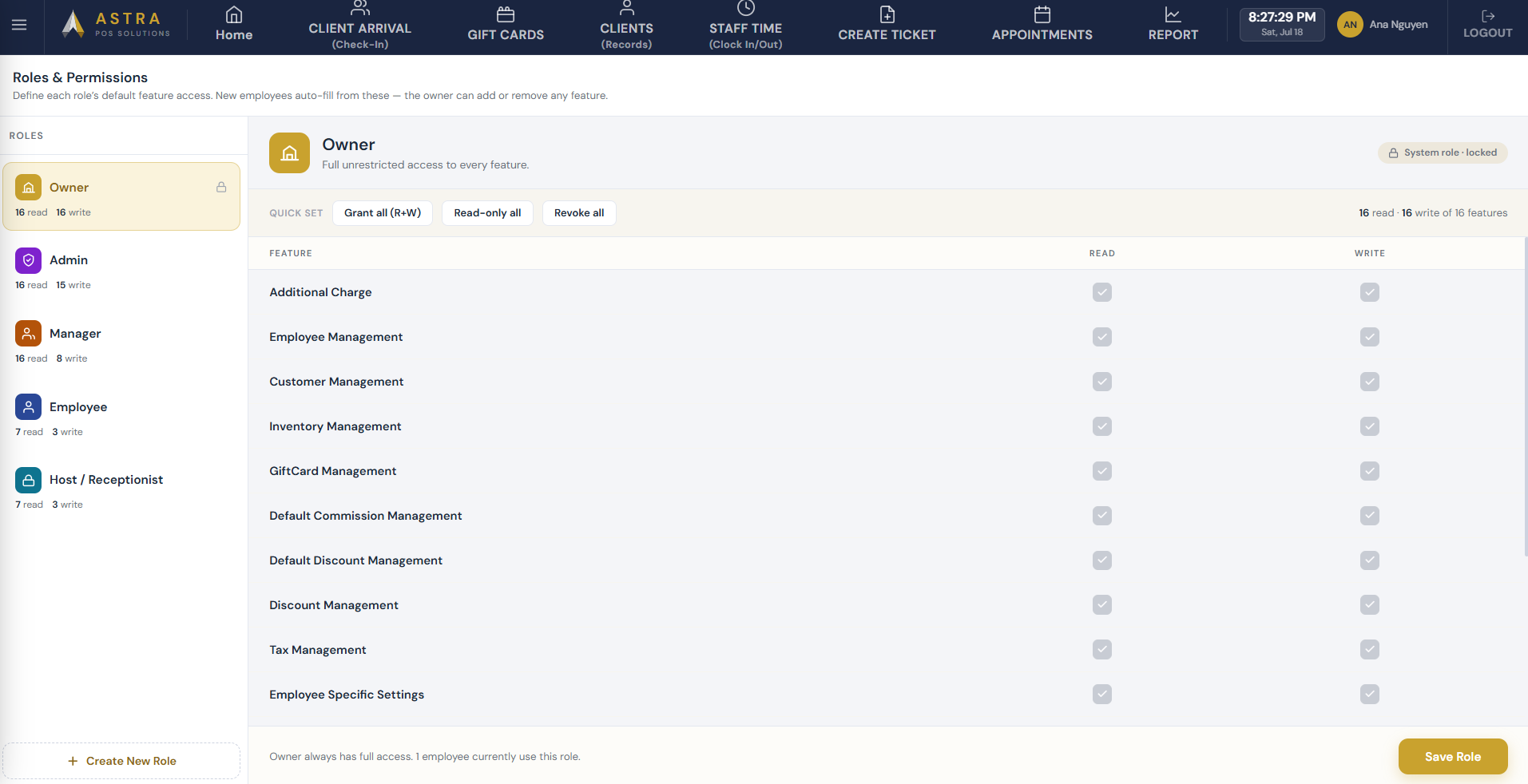 Astra POS roles and permissions