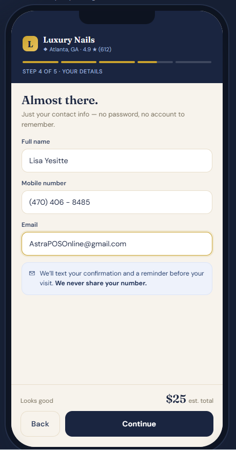 Entering customer information to book an appointment