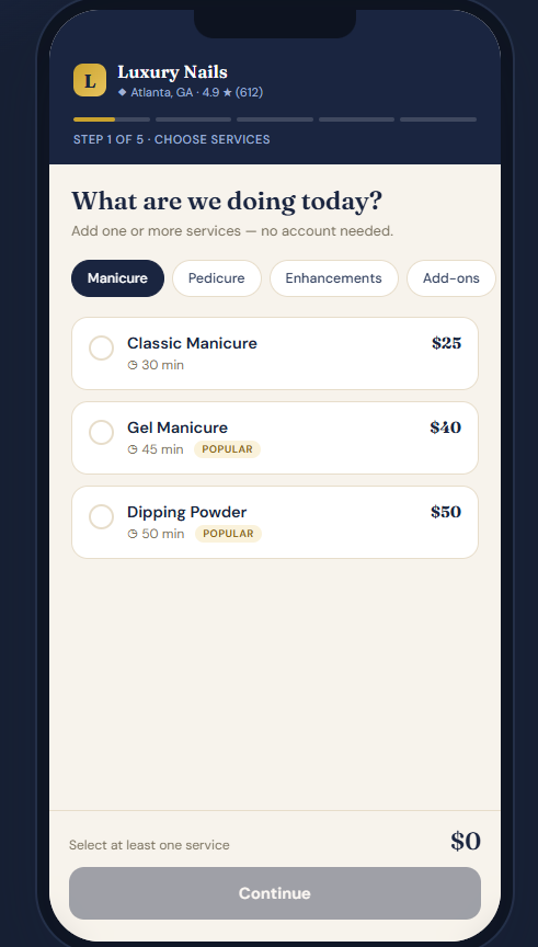 Astra POS online booking page on a phone