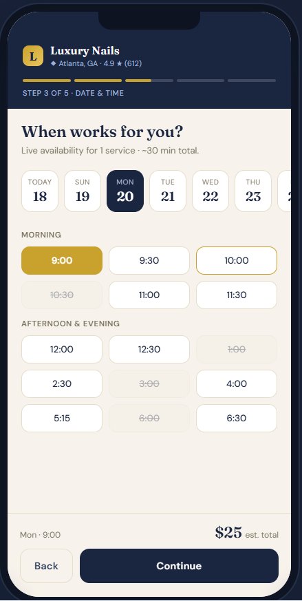 Selecting a date and time for an appointment