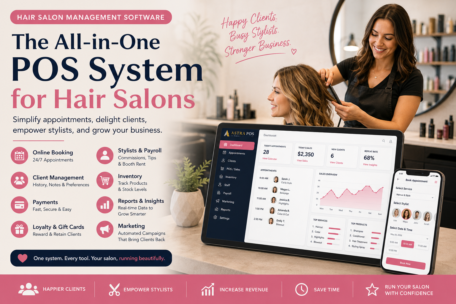 Hair salon management software by Astra POS — appointments, payments, payroll and marketing in one platform