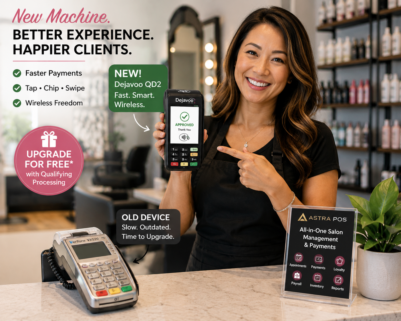 Trade in your old credit card terminal for a free modern wireless payment device with Astra POS