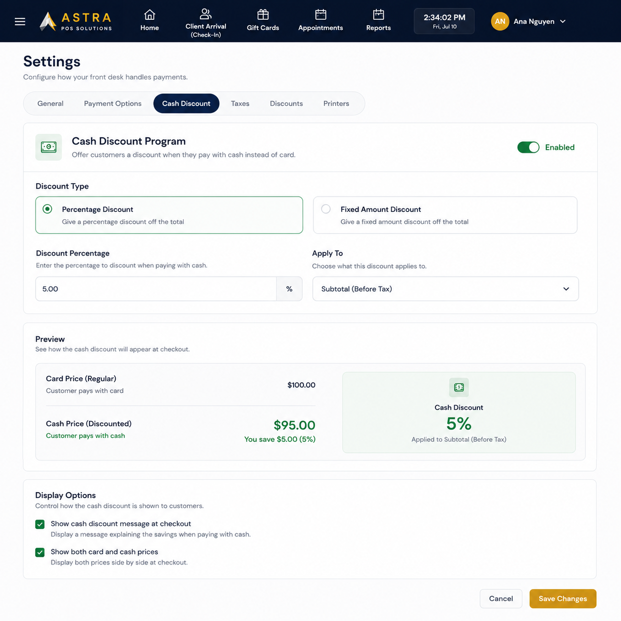 Cash discount program settings in Astra