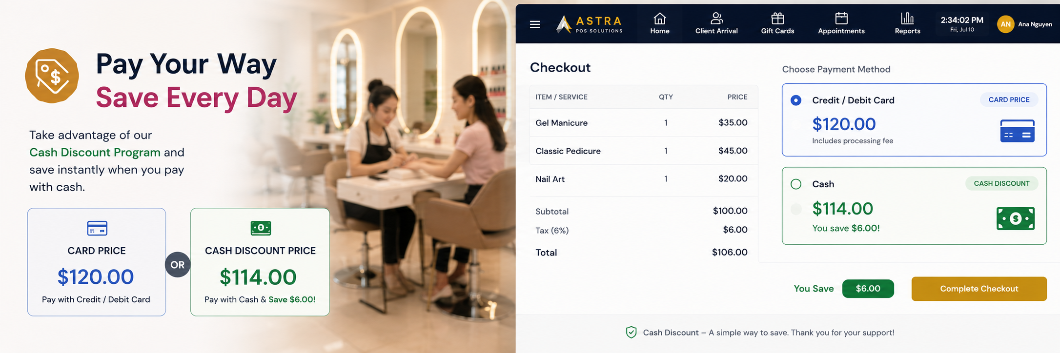 Cash discount pricing shown at Astra checkout