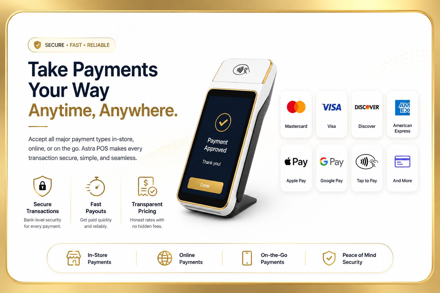 Take payments your way, anytime, anywhere — accept Mastercard, Visa, Discover, Amex, Apple Pay, Google Pay and tap-to-pay in-store, online or on the go with Astra POS