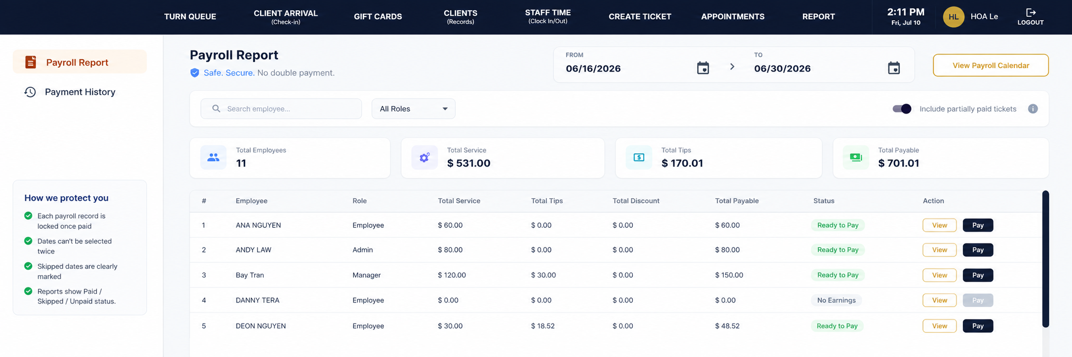 Astra payroll summary by staff member