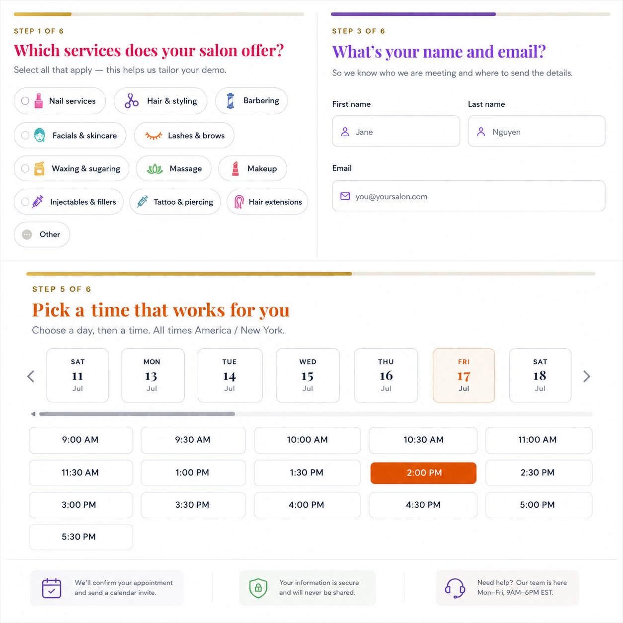 Salon booking page with branding