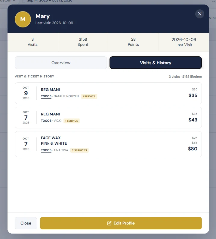 Lịch sử ghé và hóa đơn của khách trong Astra POS với dịch vụ, số hóa đơn, thợ và số tiền