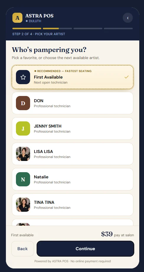 Astra POS online booking step two, picking a preferred nail technician or first available