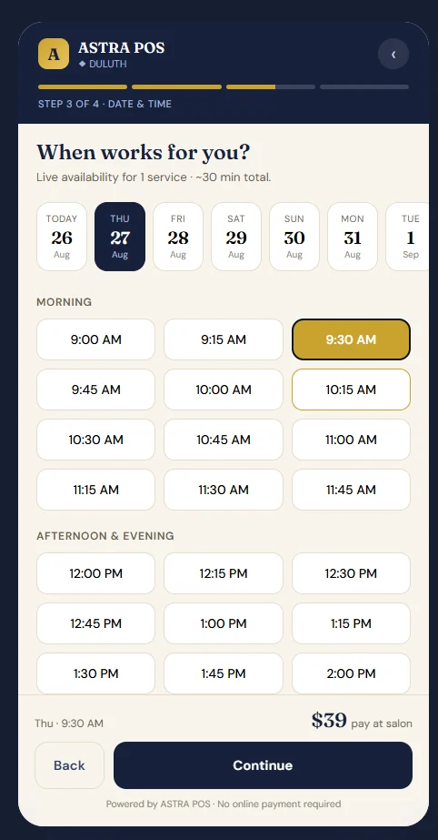 Astra POS online booking step three, choosing a date and an available appointment time