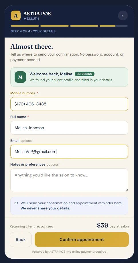 Astra POS online booking step four, entering name and mobile number to confirm the appointment