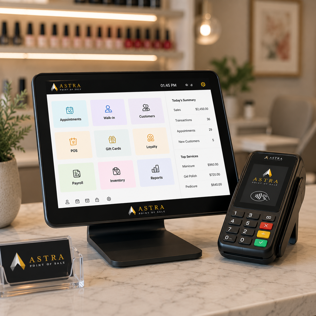 Astra POS on a salon tablet and card reader