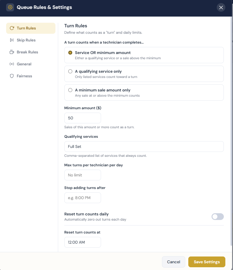 Turn queue rules configuration