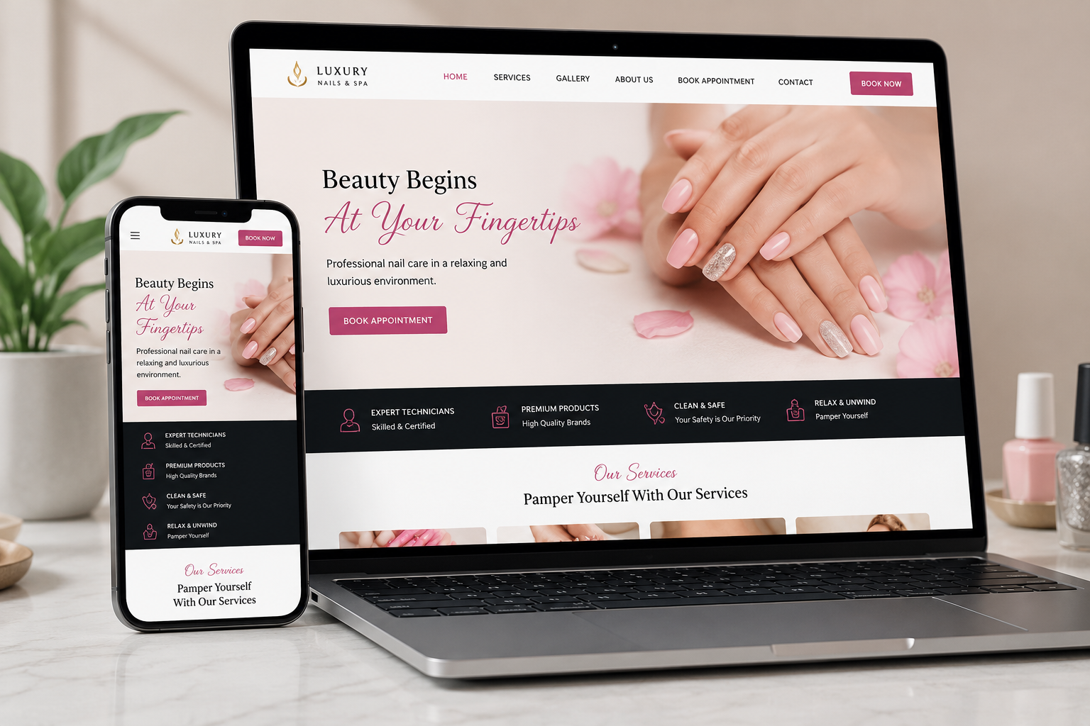 Salon website shown on phone and laptop