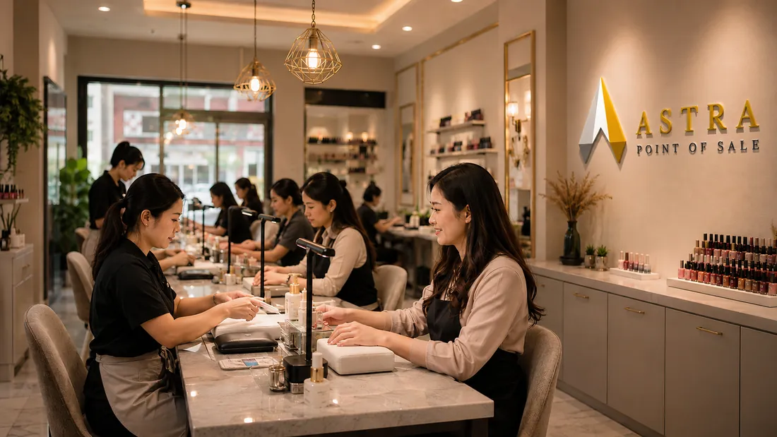 Nail salon technicians serving clients with Astra POS